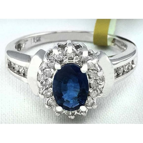 Genuine 1.07 Cts Sapphire & Diamonds 14k White Gold Ring